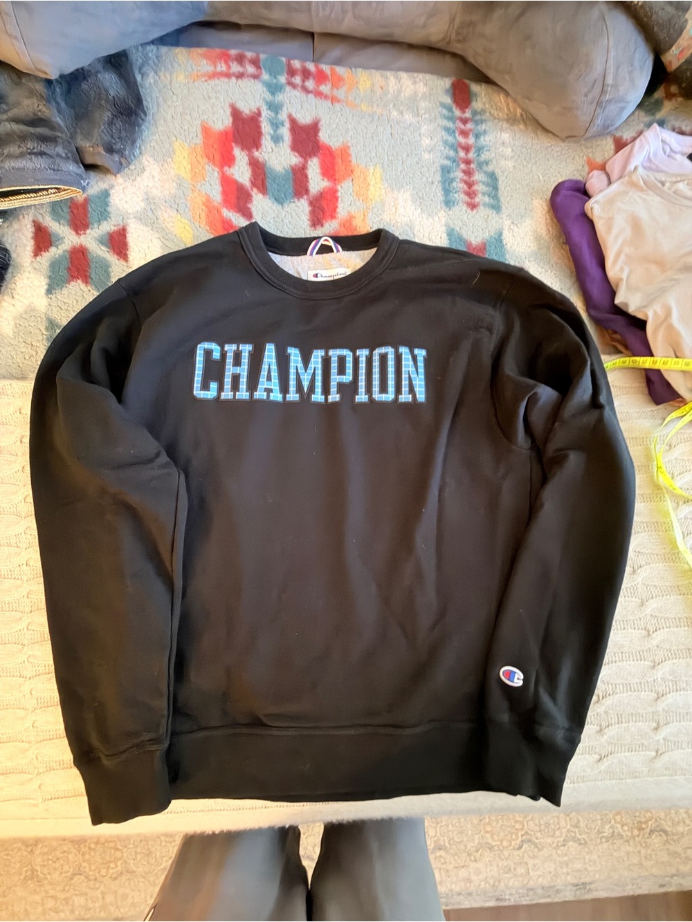 Champion Black Crew Sweatshirt with Light Blue Lettering
